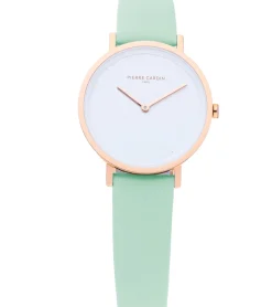 Damenuhren|Damenuhren*Pierre Cardin Damen Armband-Uhr mit Marken-Kürzel-Print analoge Quarz-Uhr mit Leder-Armband 3ATM 31mm CBV.1511 Pastell-Grün/Gold