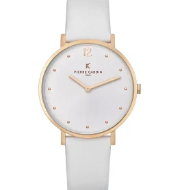 Damenuhren|Damenuhren*Pierre Cardin Damen schlichte Armband-Uhr analoge Quarz-Uhr mit Leder-Armband 3ATM 39mm CBV.1012 Weiß/Gold