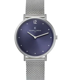 Damenuhren|Damenuhren*Pierre Cardin Damen schlichte Armband-Uhr mit farblichem Ziffernblatt analoge Quarz-Uhr mit Edelstahl-Armband 3ATM 39mm CBV.1019 Silber/Dunkelblau