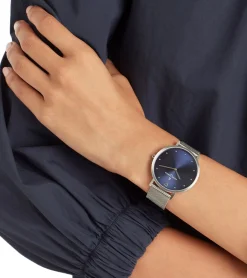 Damenuhren|Damenuhren*Pierre Cardin Damen schlichte Armband-Uhr mit farblichem Ziffernblatt analoge Quarz-Uhr mit Edelstahl-Armband 3ATM 39mm CBV.1019 Silber/Dunkelblau