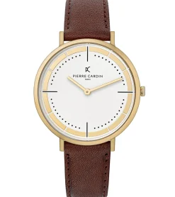 Herrenuhren|Herrenuhren*Pierre Cardin Herren analoge Quarz-Uhr mit Leder-Armband Armband-Uhr 3ATM 41mm CBV.1031 Gold/Braun/Weiß