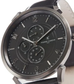 Herrenuhren|Herrenuhren*Pierre Cardin Herren Armband-Uhr mit Multi-Ziffernblatt analoge Quarz-Uhr mit Leder-Armband 3ATM 44mm CPI.2024 Schwarz/Silber