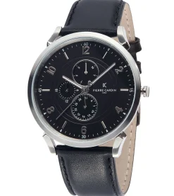 Herrenuhren|Herrenuhren*Pierre Cardin Herren Armband-Uhr mit Multi-Ziffernblatt analoge Quarz-Uhr mit Leder-Armband 3ATM 44mm CPI.2023 Schwarz/Silber