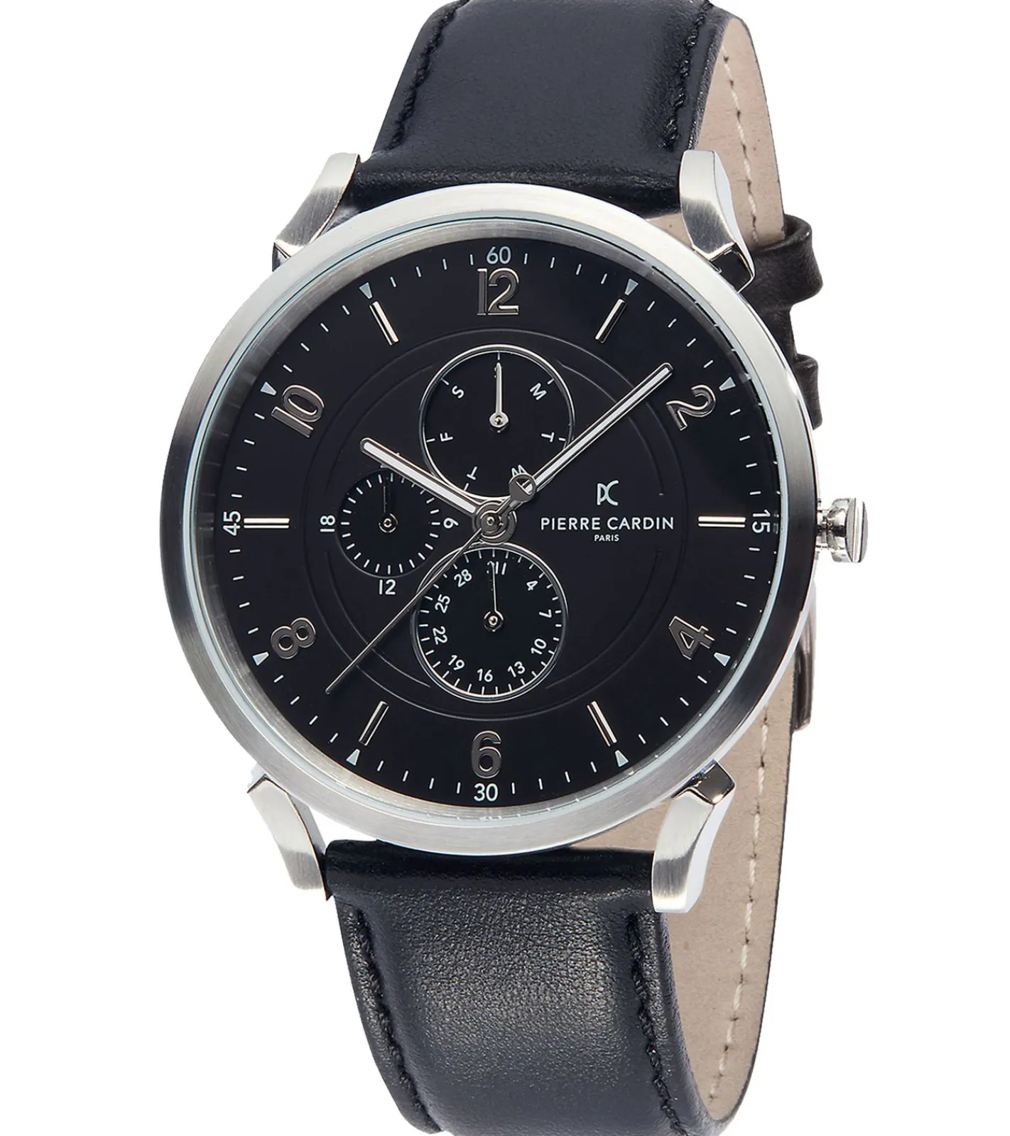 Herrenuhren|Herrenuhren*Pierre Cardin Herren Armband-Uhr mit Multi-Ziffernblatt analoge Quarz-Uhr mit Leder-Armband 3ATM 44mm CPI.2023 Schwarz/Silber