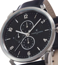 Herrenuhren|Herrenuhren*Pierre Cardin Herren Armband-Uhr mit Multi-Ziffernblatt analoge Quarz-Uhr mit Leder-Armband 3ATM 44mm CPI.2023 Schwarz/Silber