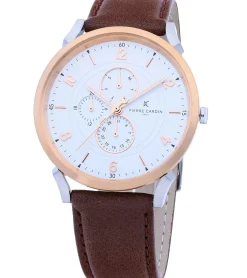 Herrenuhren|Herrenuhren*Pierre Cardin Herren Armband-Uhr mit Multi-Ziffernblatt analoge Quarz-Uhr mit Leder-Armband 3ATM 44mm CPI.2060 Braun/Rosegold/Silber