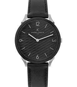 Herrenuhren|Herrenuhren*Pierre Cardin Herren Armband-Uhr analoge Quarz-Uhr mit Leder-Armband 3ATM 40mm CPI.2018 Schwarz/Silber