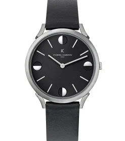 Herrenuhren|Herrenuhren*Pierre Cardin Herren Armband-Uhr analoge Quarz-Uhr mit Leder-Armband 3ATM 40mm CPI.2010 Schwarz/Silber