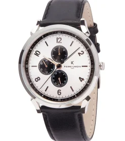 Herrenuhren|Herrenuhren*Pierre Cardin Herren Armband-Uhr mit Multi-Ziffernblatt analoge Quarz-Uhr mit Leder-Armband 3ATM 44mm CPI.2029 Silber/Schwarz