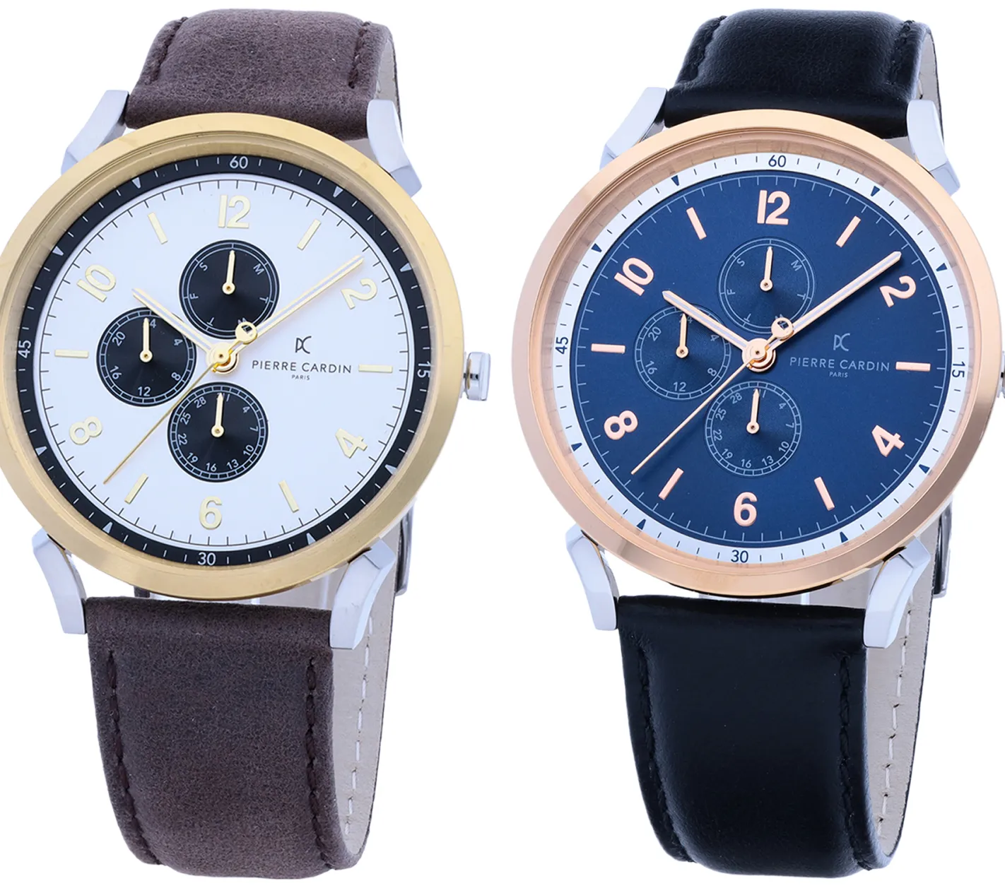 Herrenuhren|Herrenuhren*Pierre Cardin Herren Armband-Uhr mit Multi-Ziffernblatt analoge Quarz-Uhr mit Leder-Armband 3ATM 44mm in Braun/Gold/Silber oder Schwarz/Silber/Blau/Rosegold