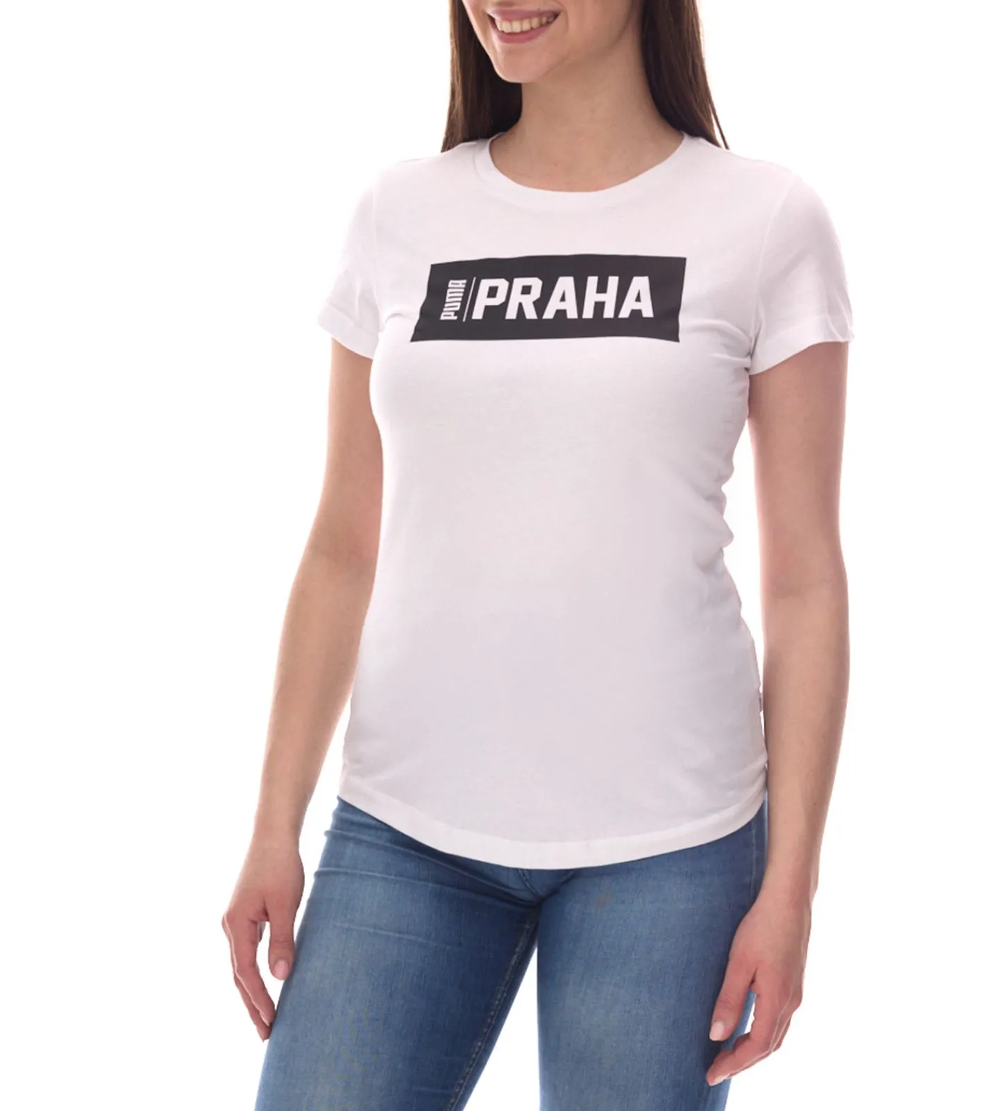 Fitnessmode & Jogginghosen|Tops & T-Shirts*PUMA City Damen Baumwoll-Shirt mit Praha/Prag, Paris, Wien oder Madrid Schriftzug Kurzarm-Shirt Rundhals-Shirt 575957 Weiß oder Schwarz