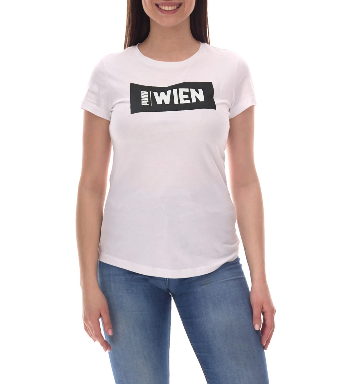 Fitnessmode & Jogginghosen|Tops & T-Shirts*PUMA City Damen Baumwoll-Shirt mit Praha/Prag, Paris, Wien oder Madrid Schriftzug Kurzarm-Shirt Rundhals-Shirt 575957 Weiß oder Schwarz