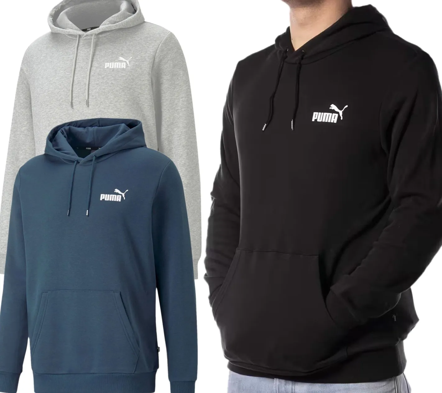 Pullover & Sweater*PUMA ESS Logo Herren stylischer Kapuzen-Pullover Baumwoll-Hoodie mit Logo auf der Brust 679631 , Schwarz, Blau Grau
