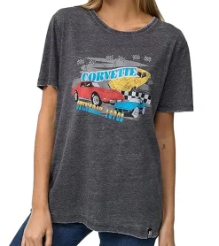 Tops & T-Shirts*RE:COVERED Vintage Corvette Damen T-Shirt mit Auto-Print Baumwoll-Shirt Kurzarm-Shirt MMPKC478 Grau