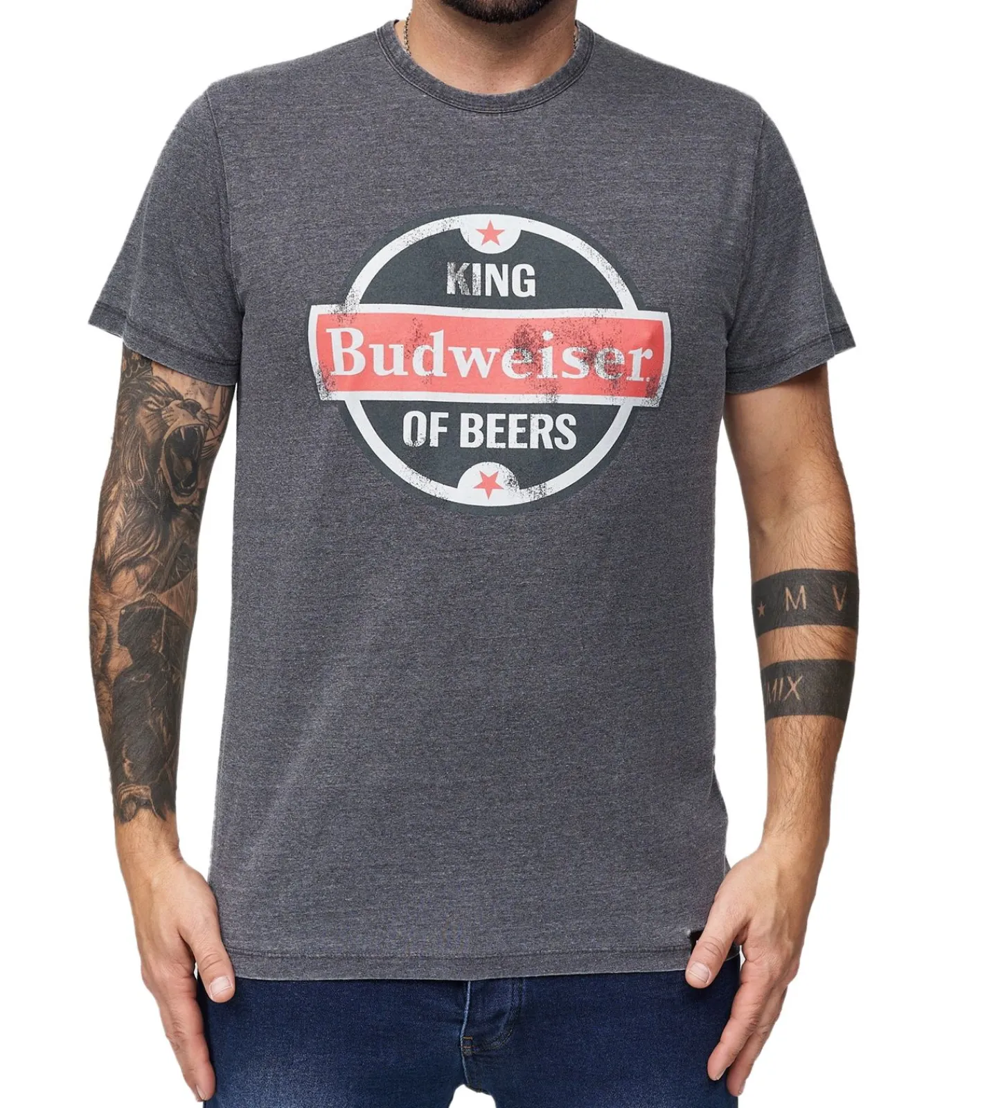 T-Shirts & Tank Tops*RE:COVERED X BUDWEISER Herren T-Shirt mit großem "King of Beers"-Print Alltags-Shirt Kurzarm-Shirt MMABI399 Grau