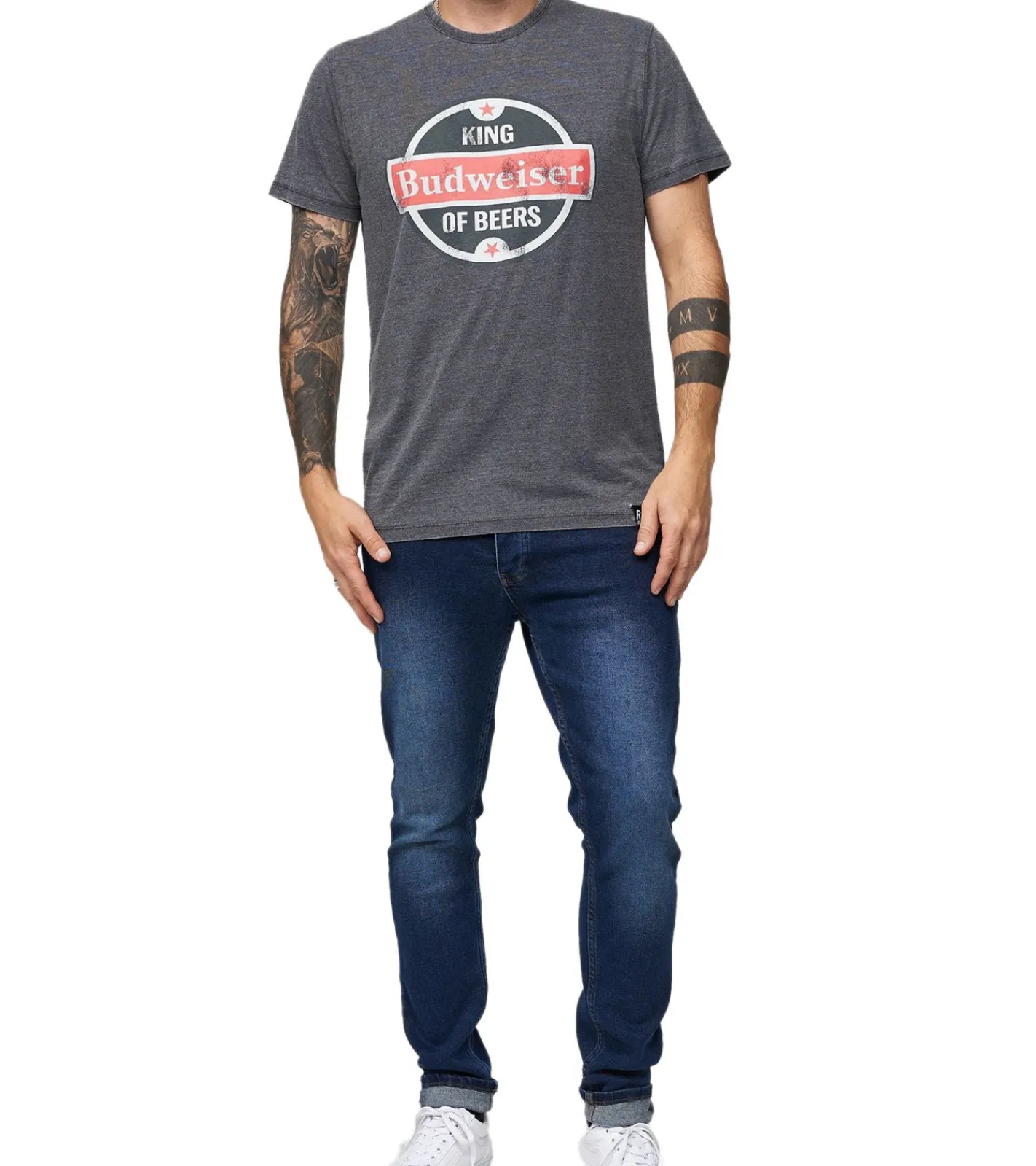 T-Shirts & Tank Tops*RE:COVERED X BUDWEISER Herren T-Shirt mit großem "King of Beers"-Print Alltags-Shirt Kurzarm-Shirt MMABI399 Grau