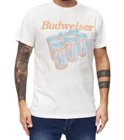 T-Shirts & Tank Tops*RE:COVERED X BUDWEISER Herren T-Shirt mit großem Six Pack-Print Baumwoll-Shirt Kurzarm-Shirt MMABI403 Ecru-Weiß