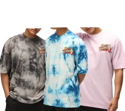 T-Shirts & Tank Tops*RE:COVERED X CAPCOM Herren T-Shirt mit Street Fighter Vega, Ryu, Blanka-Print Baumwoll-Shirt Rundhals-Shirt MMDIF18 Blau/Grau/Violett