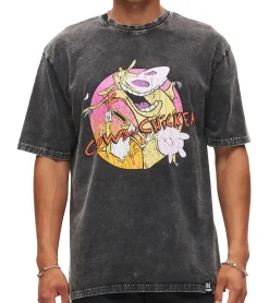 T-Shirts & Tank Tops*RE:COVERED X Cartoon Network Herren T-Shirt mit Cow & Chicken Print Baumwoll-Shirt Rundhals-Shirt RCWARN754 Grau