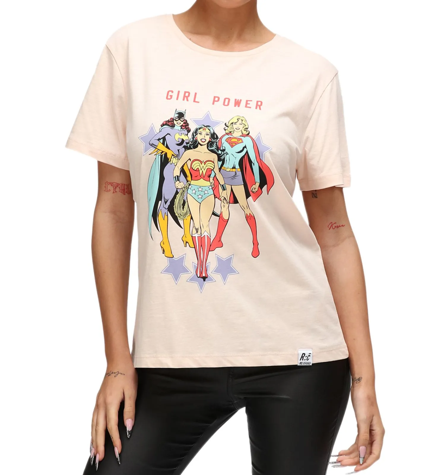 Tops & T-Shirts*RE:COVERED X DC Damen T-Shirt mit Girl Power Aufdruck Baumwoll-Shirt Rundhals-Shirt RCWARN614 Rosa