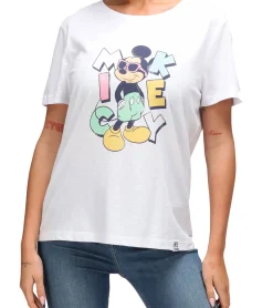 Tops & T-Shirts*RE:COVERED X Disney Damen nachhaltiges T-Shirt mit Mickey Mouse Aufdruck in Pastell-Farben Baumwoll-Shirt Rundhals-Shirt RCDIF2072 Weiß