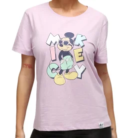Tops & T-Shirts*RE:COVERED X Disney Damen T-Shirt mit Micky Maus Aufdruck Baumwoll-Shirt Rundhals-Shirt RCDIF2071 Flieder