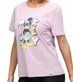 Tops & T-Shirts*RE:COVERED X Disney Damen T-Shirt mit Micky Maus Aufdruck Baumwoll-Shirt Rundhals-Shirt RCDIF2071 Flieder