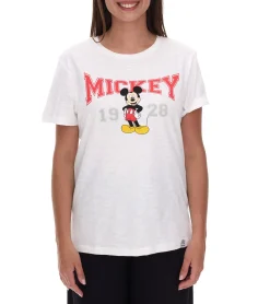 Tops & T-Shirts*RE:COVERED X Disney Damen T-Shirt mit Mickey Mouse Print Baumwoll-Shirt Rundhals-Shirt MMDIS2587 Wollweiß