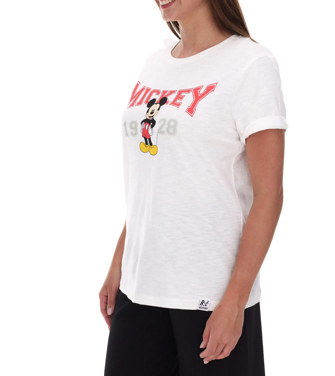 Tops & T-Shirts*RE:COVERED X Disney Damen T-Shirt mit Mickey Mouse Print Baumwoll-Shirt Rundhals-Shirt MMDIS2587 Wollweiß