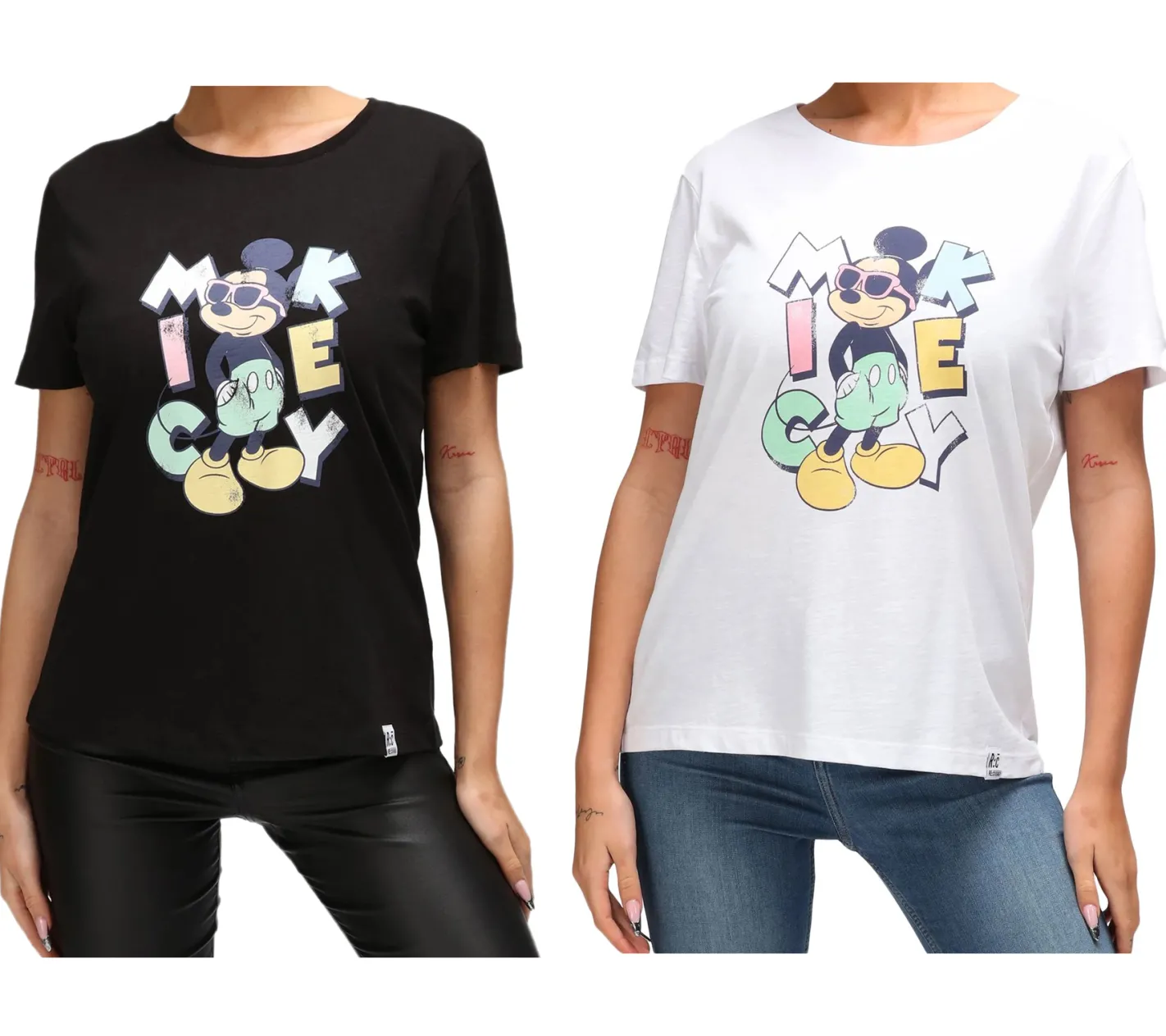 Tops & T-Shirts*RE:COVERED X Disney Damen nachhaltiges T-Shirt mit Mickey Mouse Aufdruck in Pastell-Farben Baumwoll-Shirt Rundhals-Shirt RCDIF207 Weiß oder Schwarz