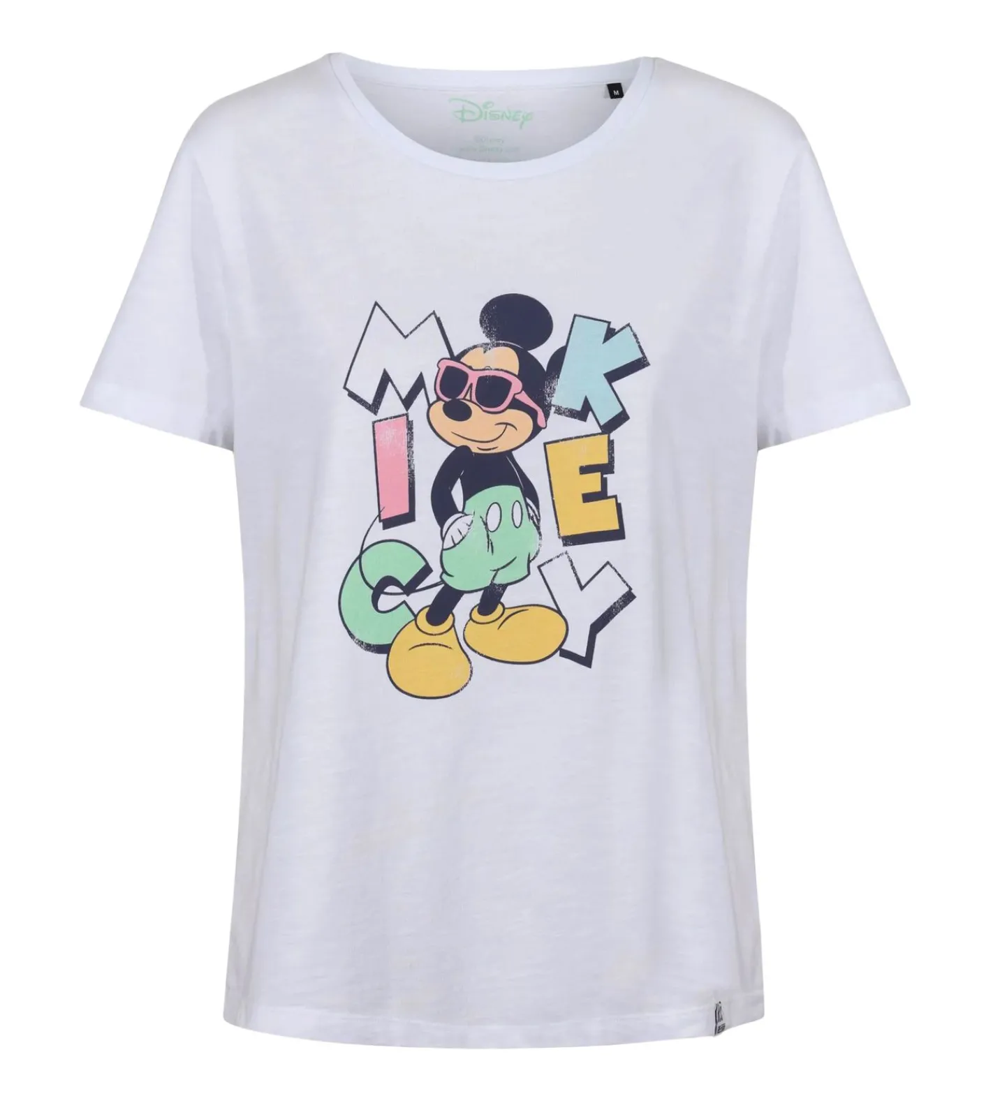 Tops & T-Shirts*RE:COVERED X Disney Damen nachhaltiges T-Shirt mit Mickey Mouse Aufdruck in Pastell-Farben Baumwoll-Shirt Rundhals-Shirt RCDIF207 Weiß oder Schwarz