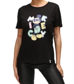 Tops & T-Shirts*RE:COVERED X Disney Damen nachhaltiges T-Shirt mit Mickey Mouse Aufdruck in Pastell-Farben Baumwoll-Shirt Rundhals-Shirt RCDIF207 Weiß oder Schwarz
