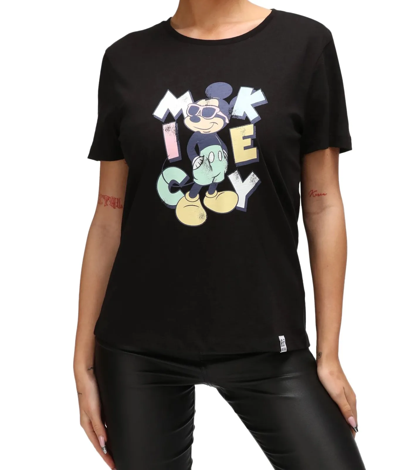 Tops & T-Shirts*RE:COVERED X Disney Damen nachhaltiges T-Shirt mit Mickey Mouse Aufdruck in Pastell-Farben Baumwoll-Shirt Rundhals-Shirt RCDIF207 Weiß oder Schwarz