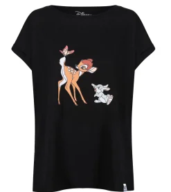 Tops & T-Shirts*RE:COVERED X Disney Damen T-Shirt mit Bambi und Klopfer Design Baumwoll-Shirt Rundhals-Shirt RCDIF2067 Schwarz