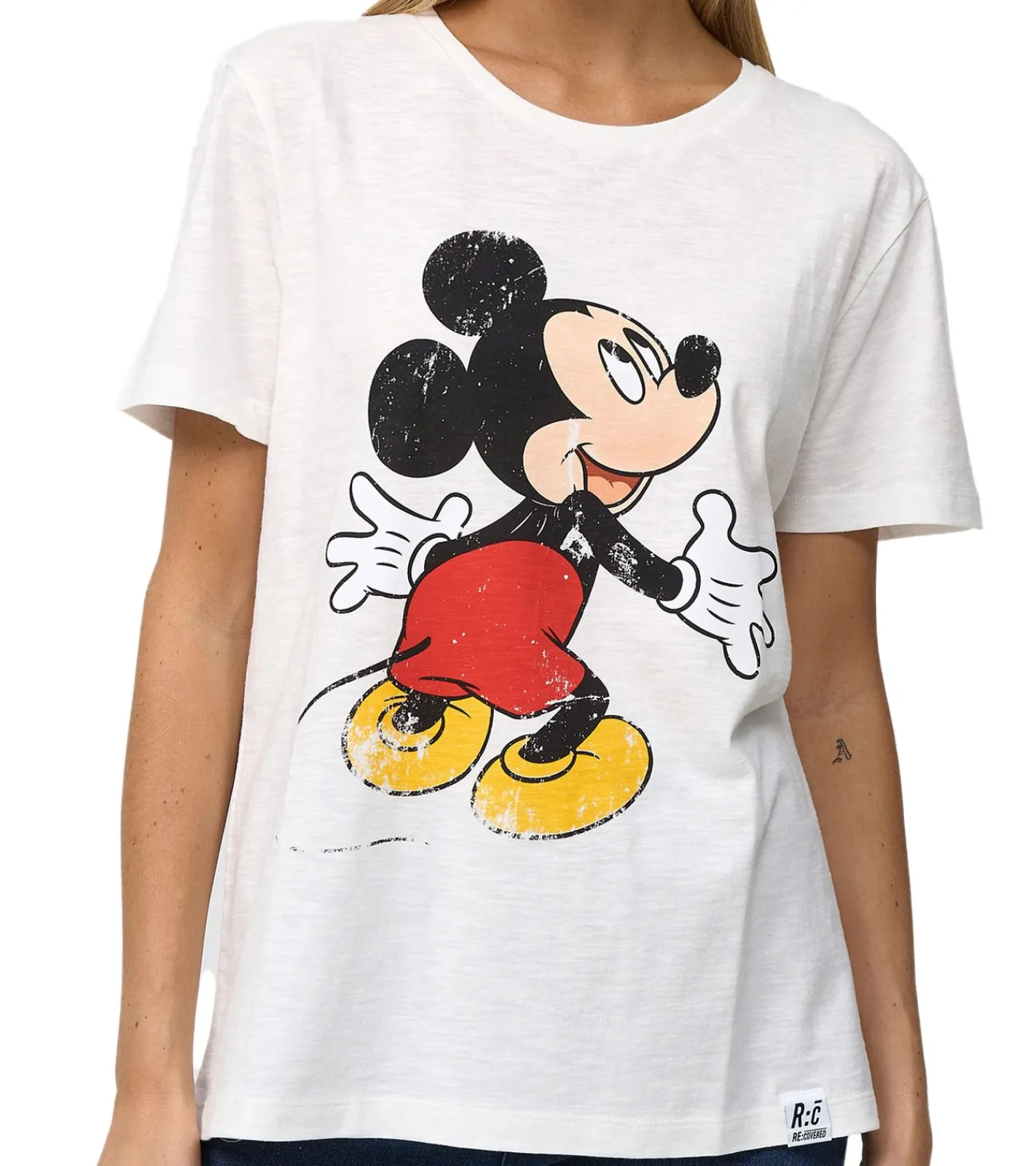 Tops & T-Shirts*RE:COVERED X Disney Damen T-Shirt mit Mickey Mouse Print Baumwoll-Shirt Rundhals-Shirt MMDIS2580 Woll-Weiß