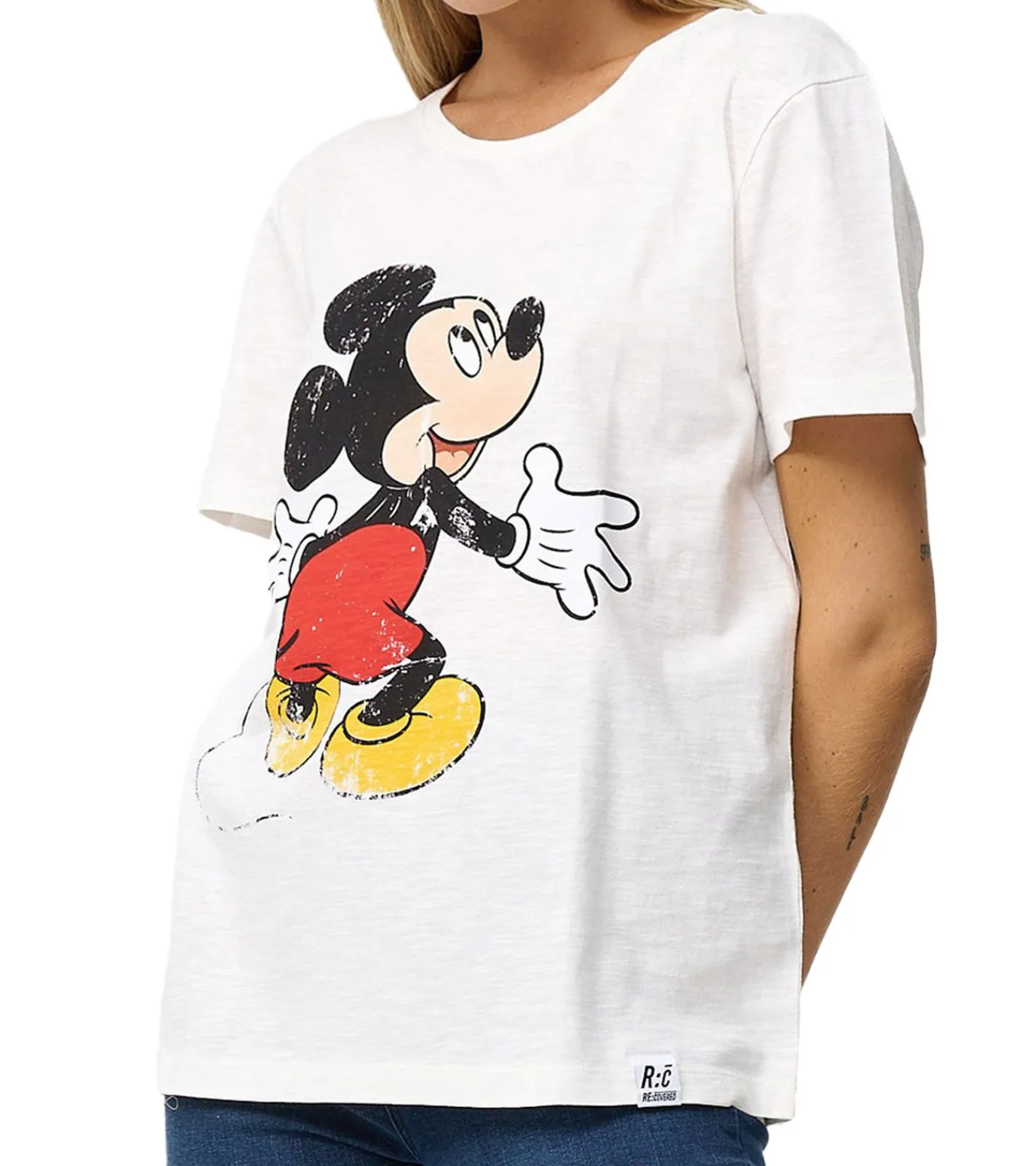 Tops & T-Shirts*RE:COVERED X Disney Damen T-Shirt mit Mickey Mouse Print Baumwoll-Shirt Rundhals-Shirt MMDIS2580 Woll-Weiß
