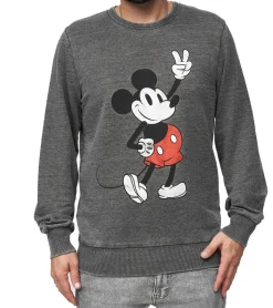 Pullover & Sweater*RE:COVERED X DISNEY Herren Rundhals-Pullover mit MICKEY MOUSE Print Alltags-Sweater mit Baumwollanteil MMDIS2489 Grau