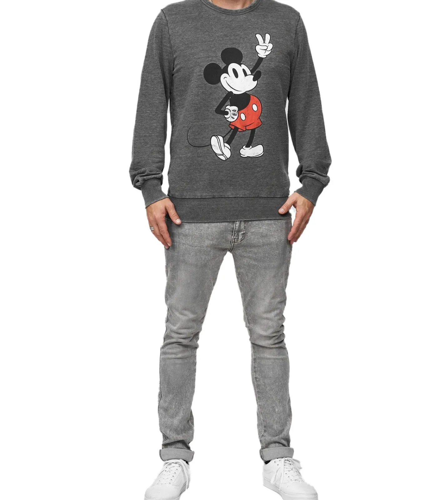 Pullover & Sweater*RE:COVERED X DISNEY Herren Rundhals-Pullover mit MICKEY MOUSE Print Alltags-Sweater mit Baumwollanteil MMDIS2489 Grau