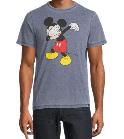 T-Shirts & Tank Tops*RE:COVERED X Disney Herren T-Shirt mit Mickey Mouse Print Baumwoll-Shirt im Batik Look Rundhals-Shirt Dunkelblau, Blau Batik oder Grau