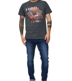 T-Shirts & Tank Tops*RE:COVERED X Ford Herren T-Shirt mit großem Cortina Auto-Print Baumwoll-Shirt Rundhals-Shirt MMFRDE396 Grau