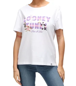 Tops & T-Shirts*RE:COVERED X Looney Tunes Damen T-Shirt mit THATS ALL FALKS Schriftzug Baumwoll-Shirt Rundhals-Shirt RCWARN6612 Weiß