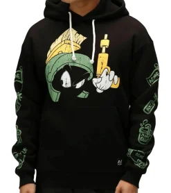 Pullover & Sweater*RE:COVERED X LOONEY TUNES Herren Kapuzen-Pullover mit Martian Marvin-Print Baumwoll-Hoody Langarm-Shirt RCWARN549 Schwarz