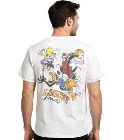 T-Shirts & Tank Tops*RE:COVERED X LOONEY TUNES Herren T-Shirt mit Basketball-Print Baumwoll-Shirt Rundhals-Shirt RCWARN750 Ecru-Weiß