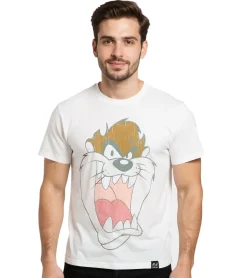 T-Shirts & Tank Tops*RE:COVERED X LOONEY TUNES Herren T-Shirt Tasmanischer Teufel Baumwoll-Shirt Rundhals-Shirt RCWARN551 Ecru-Weiß