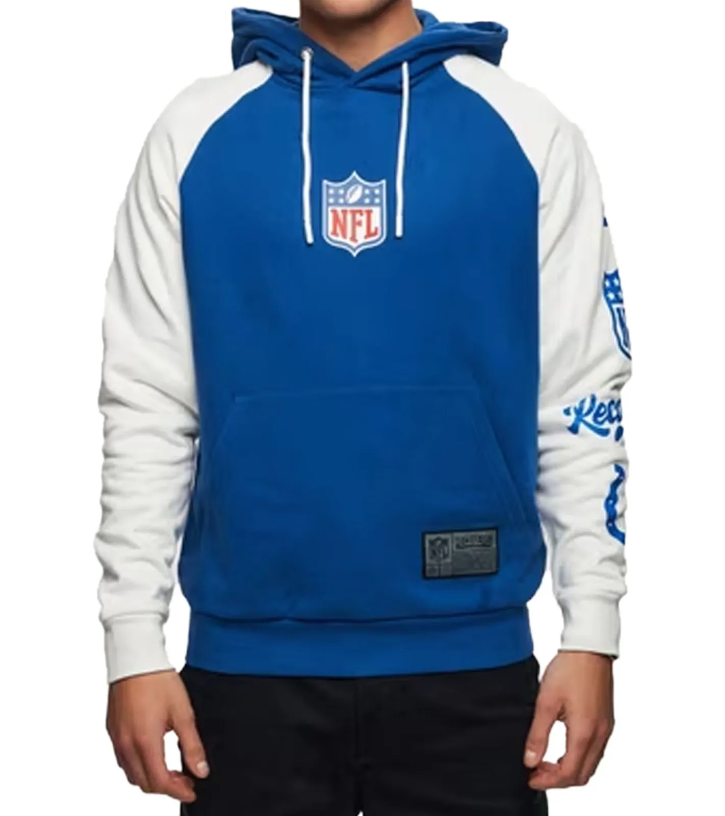 Große Größen|Pullover & Sweater*RE:COVERED X NFL Indianapolis Colts For the Shoe Herren Kapuzen-Pullover mit Logo-Print Baumwoll-Hoody Langarm-Shirt RCNFL1569 Blau/Weiß