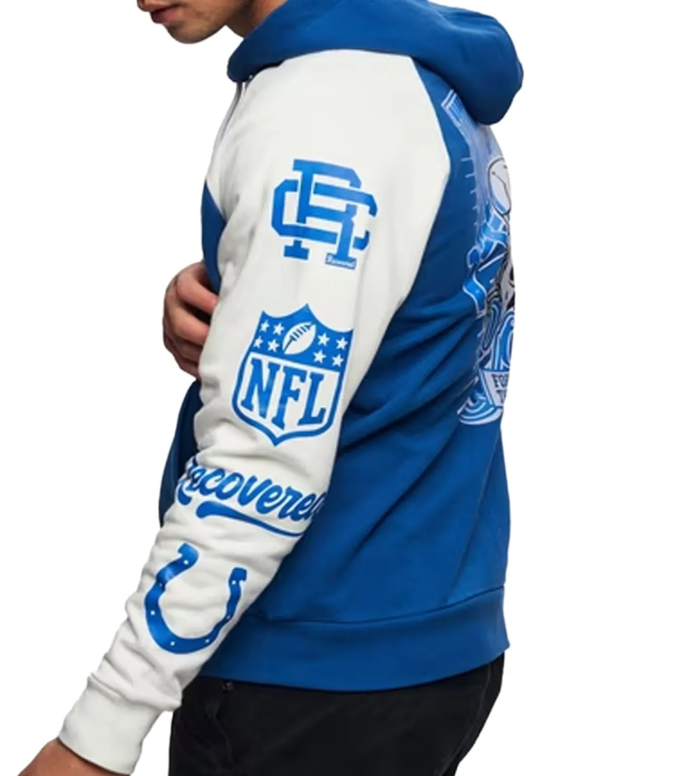 Große Größen|Pullover & Sweater*RE:COVERED X NFL Indianapolis Colts For the Shoe Herren Kapuzen-Pullover mit Logo-Print Baumwoll-Hoody Langarm-Shirt RCNFL1569 Blau/Weiß