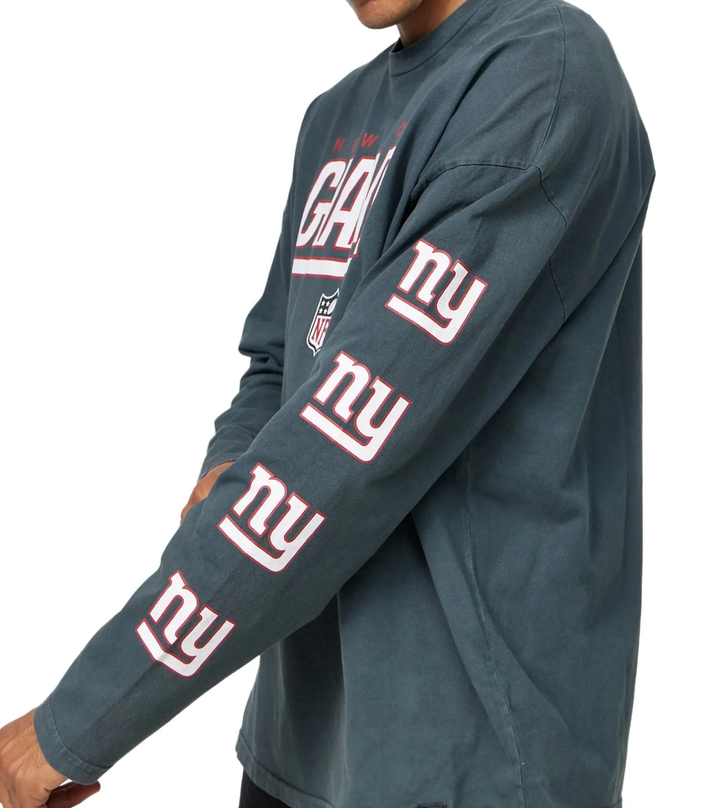 Pullover & Sweater*RE:COVERED X NFL New York Giants Herren Rundhals-Pullover mit Logo-Schriftzug Alltags-Sweater Baumwolle MMNFL1138 Grau