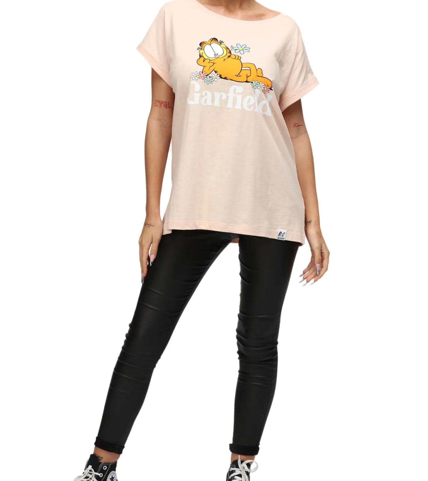 Tops & T-Shirts*RE:COVERED X nickelodeon Damen T-Shirt mit Garfield Flower Power-Print Baumwoll-Shirt Rundhals-Shirt RCVCM596 Rosa