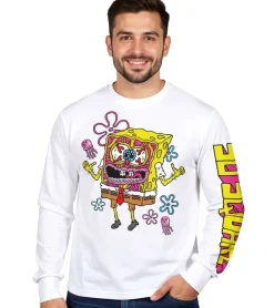 T-Shirts & Tank Tops|Pullover & Sweater*RE:COVERED X nickelodeon Herren Langarm-Shirt SpongeBob Schwammkopf Design Baumwoll-Pullover Rundhals-Shirt RCVCM688 Weiß