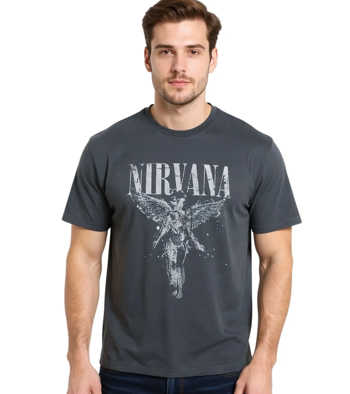 T-Shirts & Tank Tops*RE:COVERED X NIRVANA Herren T-Shirt One Tone Angel Baumwoll-Shirt mit großem Print Rundhals-Shirt RCMERCT167 Grau